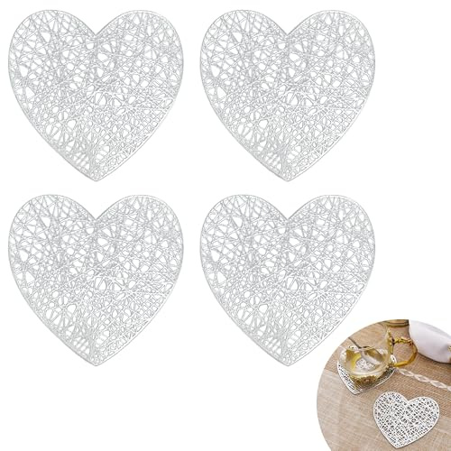 Coasters Set of 4 Silver Hollow Heart Coaster for Drinks, Decorative Drinks Coasters and Everyday Use Coaster, Heatproof and Reusable, Ideal for Coffee Table, Home or Office Setting