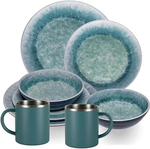 Melamin Geschirr Set Adria Blue für 2 Personen - 8 Teile Blau - mit Edelstahl Thermo Tassen Steingutoptik Essgeschirr Campingzubehör Campinggeschirr Wohnwagen Camping Festival Picknick Gartenparty