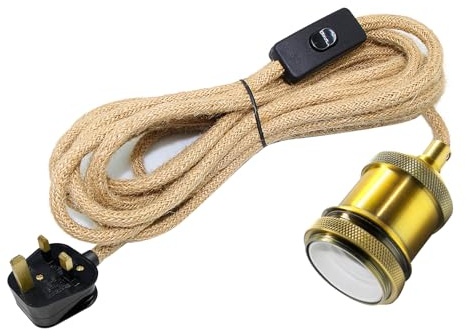 Hemp Rope Plug in Pendant Light 5M, E27 Lamp Holder with On/Off Switch, Plug in Ceiling Light Cord, Rope Lighting Fitting, Vintage Hanging Kit for DIY Home Creativity, Indoor Lighting, Bronze