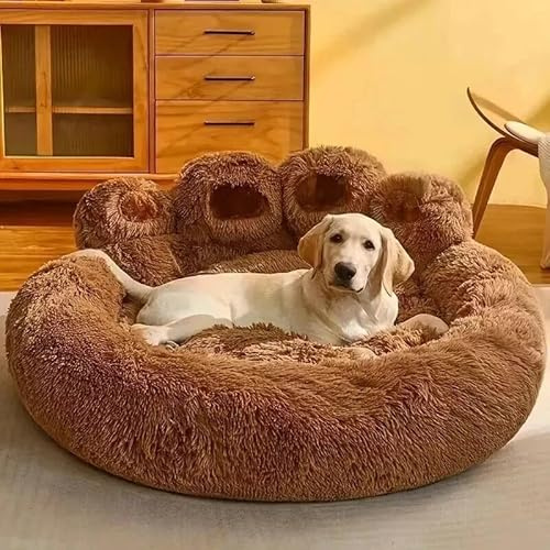 click2style Plush Paw-Shaped Dog Bed, Soft Fluffy Pet Sofa, Anti Slip Round Donut Cushion for Dogs, Grey/Brown/Beige (Brown, Large: 70 x 70 cm)