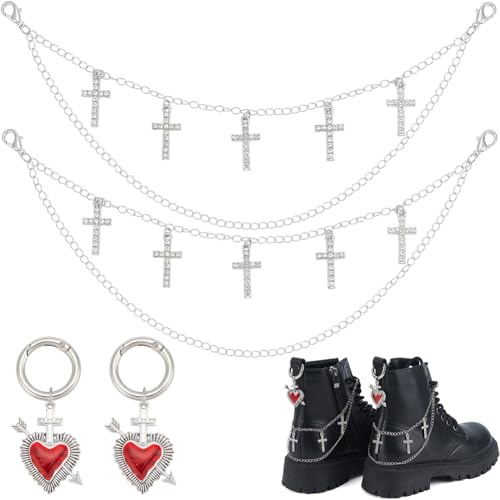 BEAMARKER 4 pièce 2 styles Breloques de Bottes en Forme de Cœur Chaînes Croisées avec Double Couche de Chaînes Torsadées en Laiton et Pendentifs en Forme de Cœur en Émail Rouge Décorations de Chaussur