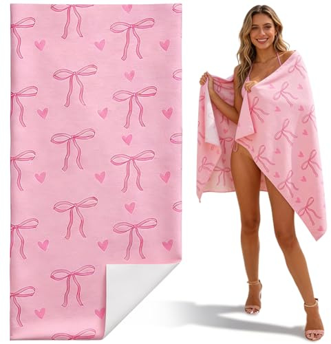 VorErgyllic Pink Bow Beach Towel for Girls Women - Cute Bow Pool Towel Plush Fabric Kids Adult Gift for Bath Sport Travel Swimming Camping 75x150cm