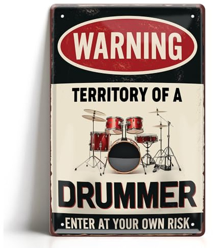 Drummer Warning Blechschild Vintage - Lustiges Metallschild 20x30cm - Territory of a Drummer Wanddeko für Musikzimmer & Studio - Schlagzeug Warnschild - Rock Musik Schlagzeuger Geschenk