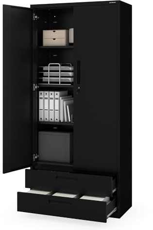 Jan Nowak Aktenschrank Büroschrank Metall mit 2 Schubladen, 195x90x40 cm | Dokumentenschrank, Ordnerschrank abschließbar mit 2 Schubladen, verstellbaren Fachböden, Stahlkorpus, Büro und Archiv