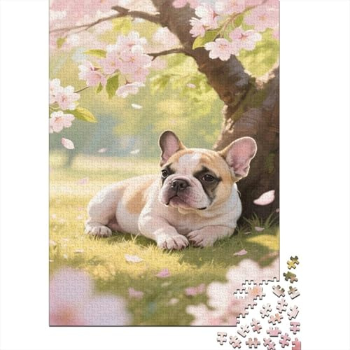 Bulldog francese Jigsaw Puzzle Impossibili 1000Pcs Prato di fiore di ciliegio Decorazione Per La Casa. Giochi Rilassamento E Intelligence Per Adulti E Ragazzi Da 14 Anni 1000pcs (75x50cm)