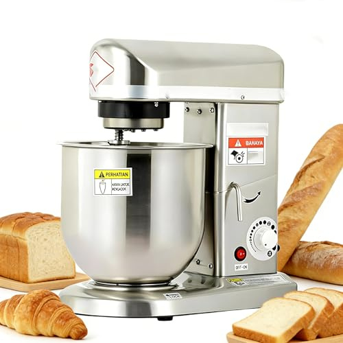 Kommersiell mixer, 5 L/7 L/10 l kommersiell matmixer, kommersiell degmixer med skål i rostfritt stål, 3 justerbara hastigheter och skyddsanordning, inklusive degknådare (10 l)