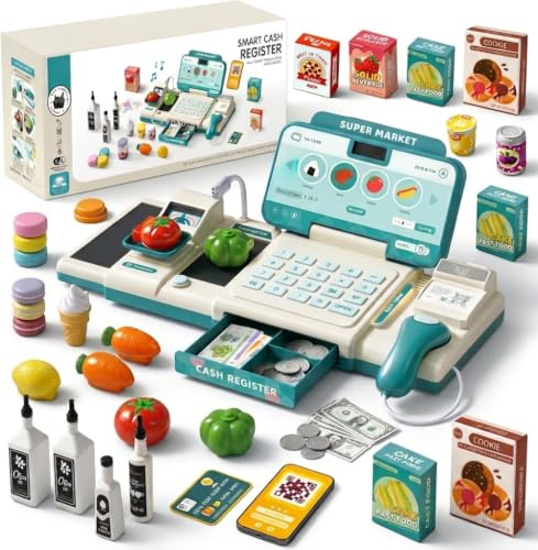 Toyana Toy Till Cash Register with Scanner, 49 PCs Kids Supermarket Play Set, Electronic Light-Up Display Toy Shop with Play Money & Food Accessories, Educational Gift for Children 3+ Years