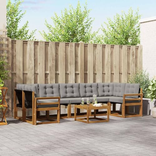 Ensemble canapés extérieur 8 Pieces Gris Naturel Clair Bois Acacia Massif textilène Salon Jardin Patio Moderne Confortable Coussins épais déco extérieur
