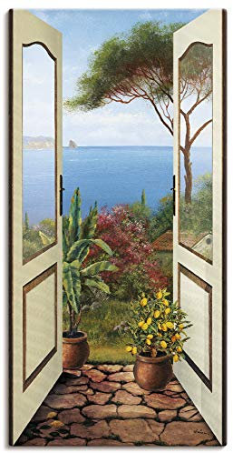 ARTLAND Wanddeko Leinwand Bilder Wandbild 50x100 cm Fensterblick Garten Meer Landschaft Küste Natur Meerblick D4NO