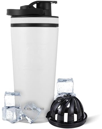 Ice Shaker Insulated Stainless Steel Shaker Bottle | 26oz, White | Cold for 30+ Hours | Insulated Cup with Twist-on Agitator | Odor-Free Bottle for Protein Shakes, Water, Smoothies, Cocktails
