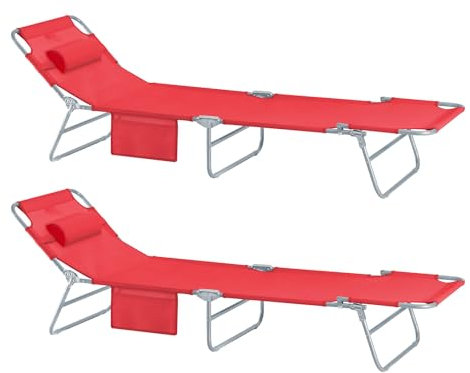 SoBuy 2-er Set Sonnenliege klappbar Gartenliege Liegestuhl klappbar mit Kopfkissen & Seitentasche Strandliege Balkon Relaxliege 155x56x81cm für Gartenmöbel Terrasse Camping Rot OGS35-Rx2