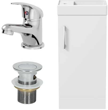 AURORA® 400mm Bathroom Vanity Unit Ceramic Wash Sink Floorstanding Storage Cabinet Reversible Soft Close Cupboard & Essentials Basin Mixer Tap & Waste Set, White Gloss