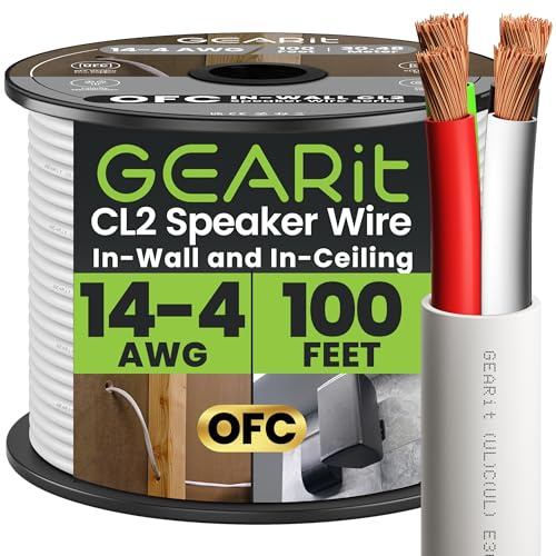 GearIT Pro Series Câble d'enceintes 4 conducteurs CL2 14 AWG OFC Calibre 14 pour câble d'enceintes murales 100 Feet / 30.48 Meters Blanc