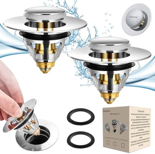 Homonic Universal Pop-Up Waschbeckenstöpsel, 2 Stück, 34-38mm, Silber, Edelstahl und Kupfer, Anti-Blockade, Doppelverbindung, für Waschbecken, Badewanne und Spüle