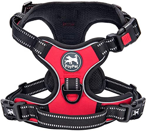 PoyPet Keine Pull Hundegeschirr Front Reflektierende Pet Weste für Hunde mit Einfache Kontrolle Griff und Rückseite perfekt für den täglichen Training, Walken, Running(Rot,S)