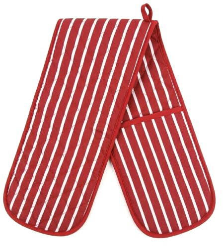 NARYAL® Oven Gloves Double Heat Resistant - Oven Mitts for Baking - BBQ Cooking Gloves - Butchers Stripe Double Oven Gloves - Heavy Duty Extra Protection up to 250°C (Stripe Double (Red))