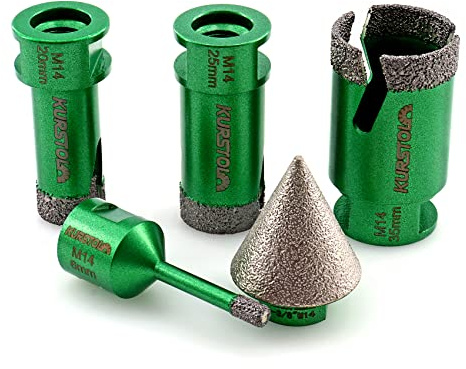 KURSTOL Tile Hole Saw Set - 4pcs Diamond Core Drill Bits 6/20/25/35mm 1pc Beveling Chamfer Bit 35mm M14 thread for Shaping Enlarging Porcelain Ceramic Tile Granite Marble Angle Grinder