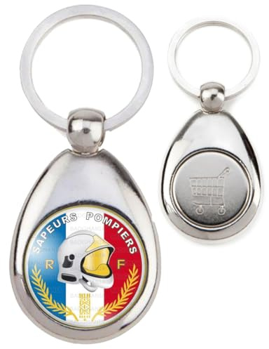 BADGMANIA | Porte Clés Métal Jeton de Caddie | SP Casque F1 Sapeurs Pompiers Bleu Blanc Rouge Firefighter