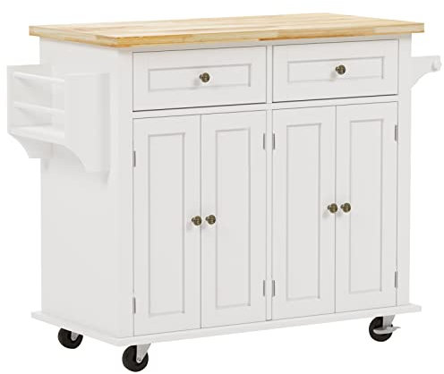SogesHome Kücheninselwagen mit Handtuchgriff Rollwagen mit 2 Schubladen 4-Türer Schrank Mehrzweckwagen Servierwagen mit Gewürzregal Home Storage Speisekammer Schrank mit abschließbaren Rädern