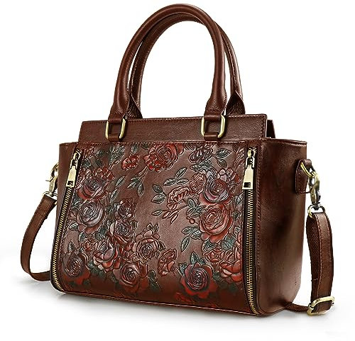 Umhängetasche für Damen, Leder, mittlere Größe, Vintage, Prägung, Rose, großes Fassungsvermögen, Kaffee, Large