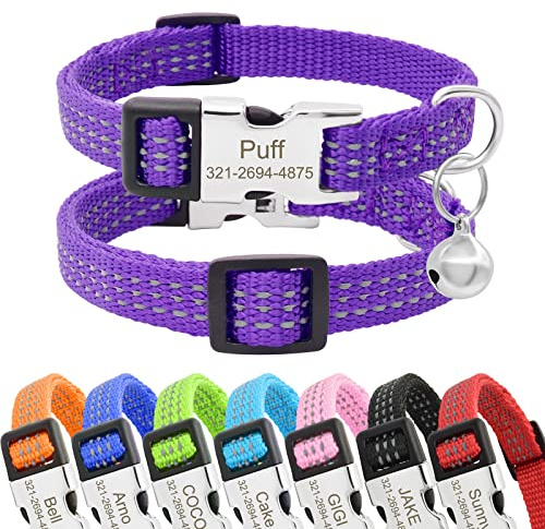 Senristar Personalisiertes Reflektierendes Nylon Katzenhalsband mit Name & Telefon, Individuell Gravierte Schnellverschluss Schnalle Katzenhalsband mit Glocke