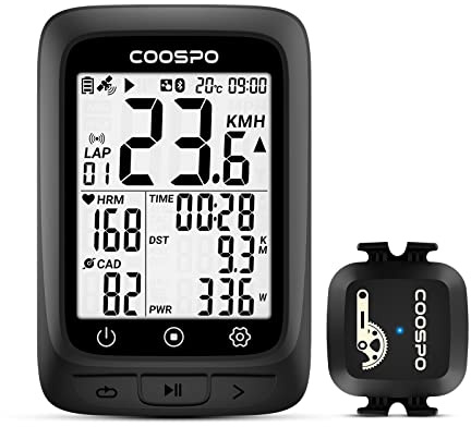 COOSPO GPS Cycling Computer BC107 & Bike Cadence/Speed Sensor BK467, Wireless Bike GPS Speedometer with 2.4 Inch Auto-Backlight Display, Bluetooth/ANT+ Bicycle Computer GPS Sync with Strava