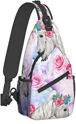 Einhorn Rosa Rosen Weiße Pferde Blumenkranz Sling Bag Crossbody Rucksack Wandern Daypack Schultertasche Brusttasche für Wandern Spazierengehen Reisen, mehrfarbig, Einheitsgröße