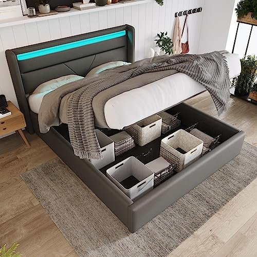 Dolamaní Polsterbett 140 x 200 cm，Doppelbett mit Unterbettstauraum, Funktionsbett, Wasserdicht Und Pflegeleicht, Metall-Massivholzrahmen, Grau