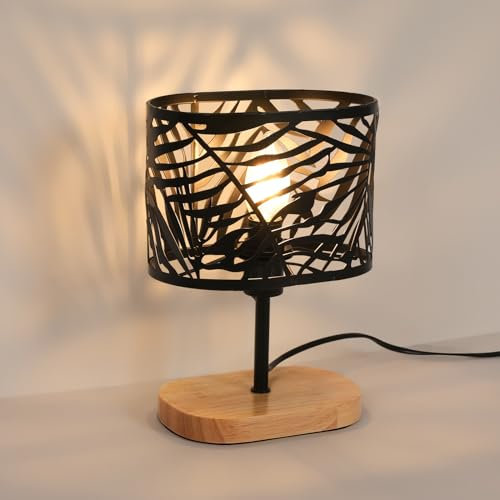 Tealight Lampe de Chevet, Lampe de Bureau Veilleuse E14 Lampe de Chevet Chambre avec Socle en Bois et Abat-Jour en Métal pour Chambre Salon Bar, Noir