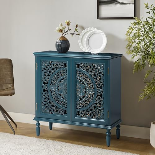HULALA HOME Vintage Wooden Sideboard Cabinet with Floral Carved Doors, Blue | Accent Cabinet with Spacious Storage, Solid Wood Legs, Push-to-Open Doors, Ideal for Dining Room, Living Room and Entryway