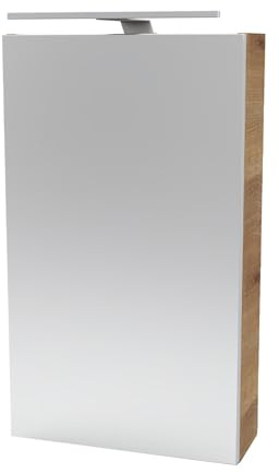 FACKELMANN Milano Spiegelschrank mit LED-Beleuchtung – Alibertschrank für Bad und Gäste-WC (40 x 68 x 15,3 cm) – SBC Badschrank mit Spiegel in Holz Braun – Tür Links