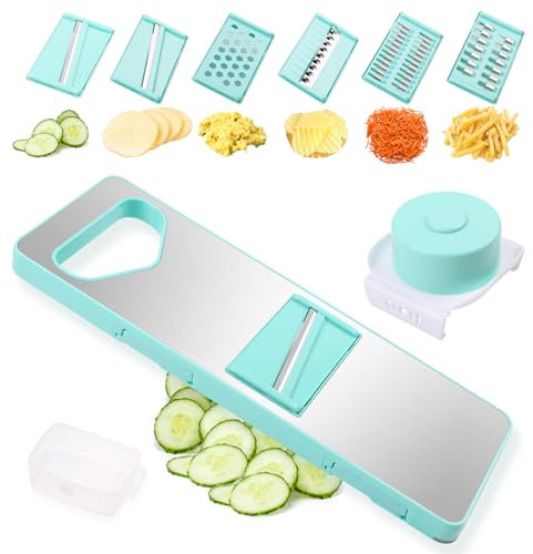 Yiomxhi Gemüseschneider Gemüsehobel Edelstahl, Mandoline Gemüsereibe Gurkenhobel mit 6 Klingen, Kartoffelhobel Gemüse Schneider Küchenhobel für Obst, Kartoffel, Knoblauch