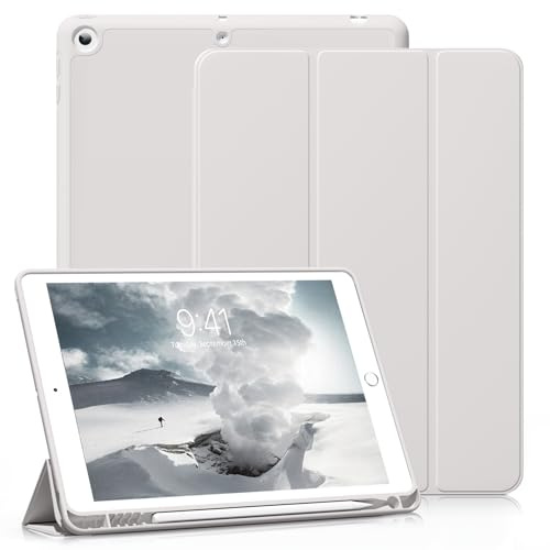 ZKTUYU Hülle für iPad 9./8./7. Generation 10,2 Zoll 2021/2020/2019 | Weiche TPU Schutzhülle mit Stifthalter, Trifold Ständerhülle, Auto Schlafen/Wachen, für iPad 9/8/7 Gen, Grau