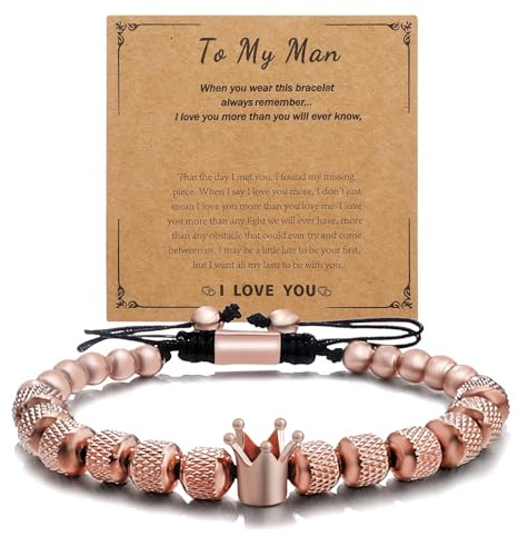 GZJOGO Gifts for Men - To My Man Bracelet: Straighten Your Crown, Adjustable Bead King Crown Bracelet for Husband or Boyfriend - Men's Stainless Steel Anniversary or - Rose Gold