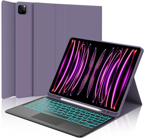 Teclado para iPad Pro 12.9 Touchpad, Funda con Teclado para iPad Pro 12.9, Funda QWERTY Bluetooth Magnética Retroiluminada Keyboard para Pro 12.9 Pulgadas 6/5/4/3 Generación, Violeta Lavanda