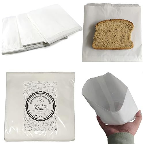 100 Greaseproof Paper Food Bags - Medium 8.5 X 8.5”- White Paper Sandwich Bags, Perfect For Hot Baked Goods:Such As Sausage Rolls + Pastries Also Cold Food: Kids Lunch Sandwiches, Doughnuts,Croissant