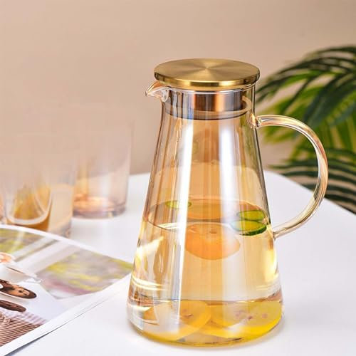 Jarra de vidrio de 2 litros con tapa, jarra de vidrio con tapa, jarra de gran capacidad, jarra caliente y fría con asa para bebidas caseras, jugos, té helado y leche (amarillo)