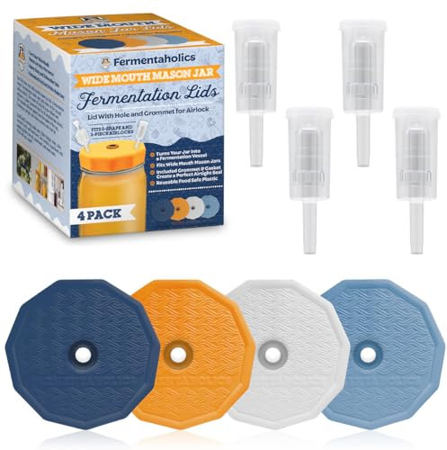Wide Mouth Mason Jar Fermentation Lids - Turns Your Jar Into A Fermentation Vessel - Lid With Hole & Grommet For Airlock - Fits Wide Mouth Mason Jars (4 Lids & 4 Three Piece Airlocks)