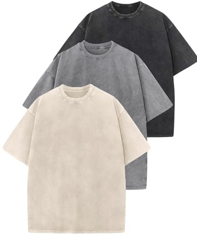 Wyeysyt Oversized Tshirts for Women Vintage Washed Baggy Tees Cotton Short Sleeves Acid Shirts Unisex Tops(BlackGreyBeige-L)
