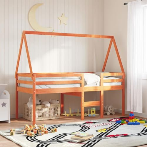vidaXL High Sleeper Bed with Roof Wax Brown - Solid Pine Wood Loft Bed for Children - Space-Saving Bed with Ladder, Guardrails and Playhouse Roof - 205.5 cm Length x 95.5 cm Width x 89 cm Height