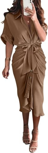 TANMESSO Damklänning med knappar och rynkad skjorta | Elegant V-ringad lapel maxi-satinklänning | Vår sommar 2024, Khaki, L