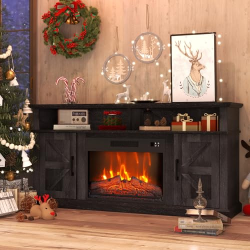 Luban Nese Soporte de TV con chimenea para televisores de hasta 65 pulgadas con chimenea eléctrica de 23 pulgadas, centro de entretenimiento con armario de almacenamiento y estantes abiertos, consola