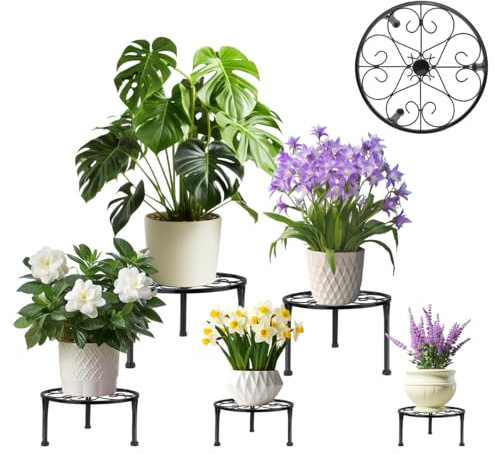 HAOTIAN-X Juego de 5 soportes para plantas de metal para interior y exterior, soporte redondo para plantas y estantes para macetas, para casa, jardín, terraza y balcón (17-25 cm)