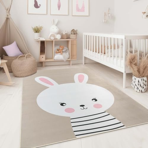 Taracarpet Kinderzimmer Teppich für Kinder, Jungen, Mädchen und Jugendzimmer Fresh Kids Tiere Hase Taupe 80x150 cm