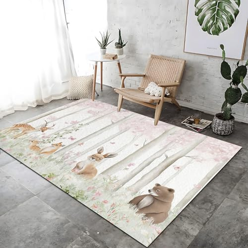 Kinderzimmer Rechteckig, 60 x 120 cm Waschbar Dekoration Teppiche - Weicher Flanell mit Katzen- und Blumenmotiv, Grün rutschfest Teppich für Schlafzimmer oder Spielbereich