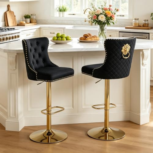 Chummaven Samt Barhocker höhenverstellbar 2er Set goldene Barstuhl Schwarz | Drehbar, gepolstert, mit Lehne Fußstütze Metallgestell, Löwenkopf-Ring, Küchenhocker Tresenhocker für Kücheninsel, Hausbar