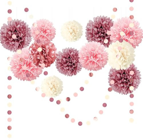 ROEOWENE 15PCS Pompones de Papel de Seda Pompones de Flores Bola Nido de Abeja Guirnaldas Cumpleaños Bolas de Panal Abanicos de Papel para Colgar Pompones Decoracion Fiesta para Carnaval-Púrpura Rosa