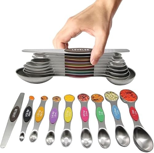 Magnetic Measuring Spoons Set Stainless Steel with Leveler, Stackable Metal Tablespoon Measure Spoon for Baking, Cups and Spoon Set Kitchen Gadgets Apartment Essentials (Multi_Colour)