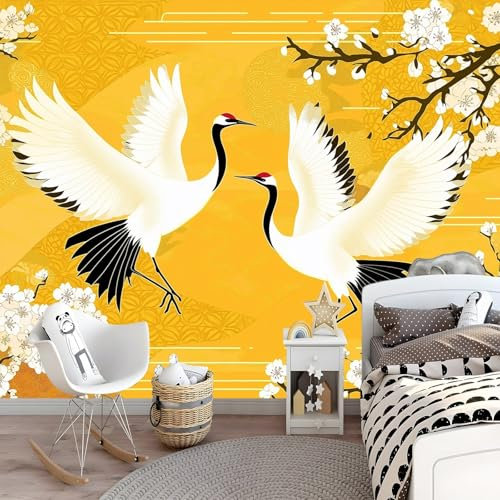 Carta Da Parati Tradizione Uccelli Fiori Decorazione Da Parete Per Camera Da Letto E Soggiorno 350 x 256 cm Moda Poster Gigante Design Carta Da Parati Murale In Tessuto Non Tessuto Giallo