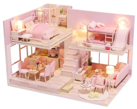 CUTEROOM Kit Fai da Te per Mini Casa delle Bambole in Legno con Mobili e Musica – Kit per Costruire una Casa delle Bambole per Bambini, Adulti, Ragazzi e Ragazze (Rosa Sweetheart)